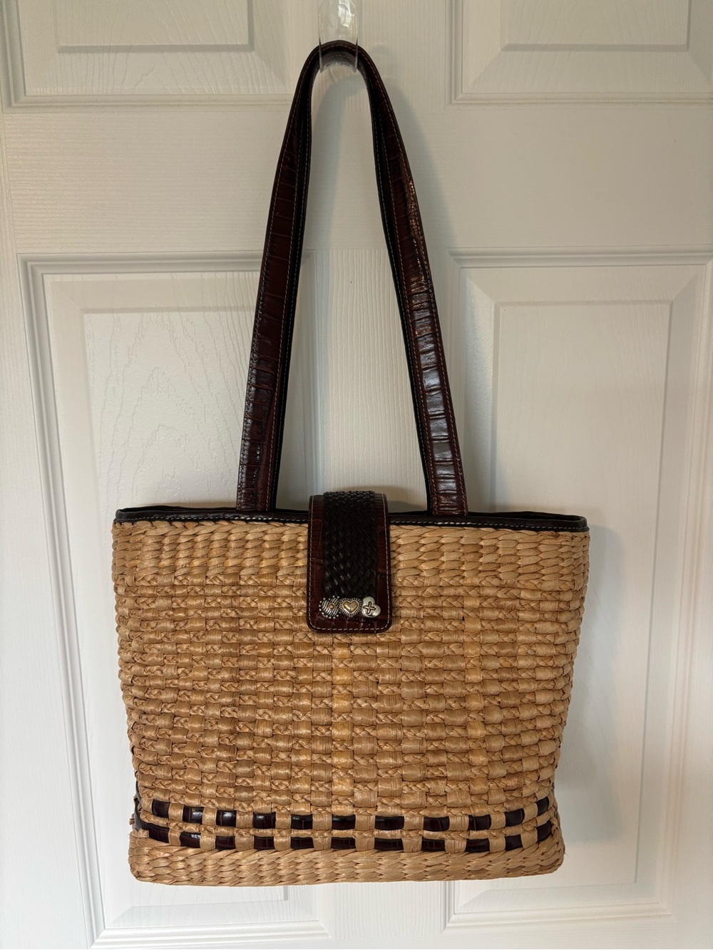 Brighton Woven Straw Leather Shoulder Bag Tote Brown Paisley Boho Coastal